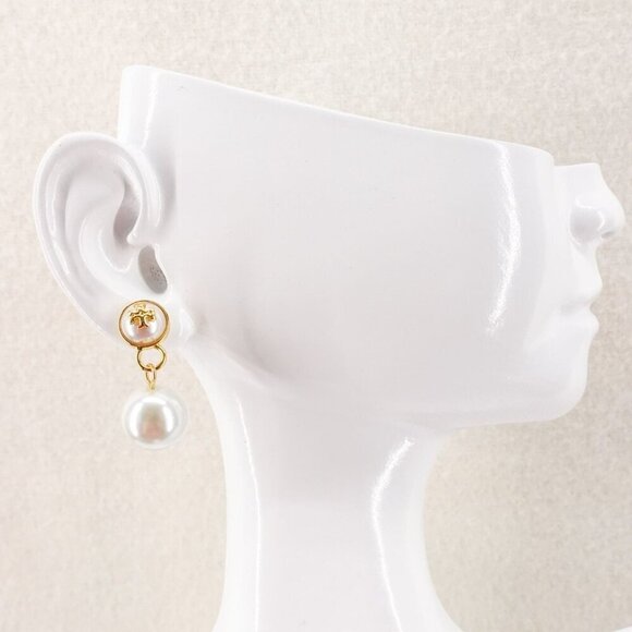 Tory Burch Saher Logo Drop Earrings Ivory/Tory Gold OS - Picture 4 of 12